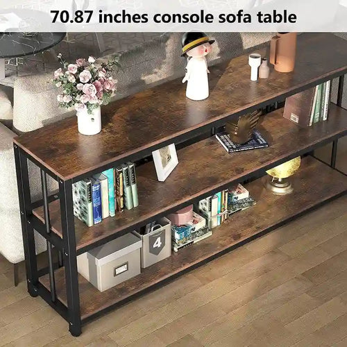 70.9 Inch Console Table, 3-Tier Sofa Table with Shelves, Brown