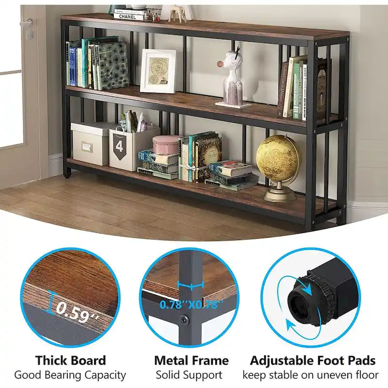 70.9 Inch Console Table, 3-Tier Sofa Table with Shelves, Brown