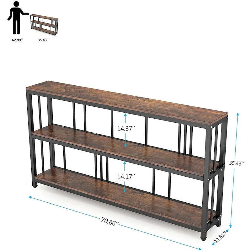 70.9 Inch Console Table, 3-Tier Sofa Table with Shelves, Brown