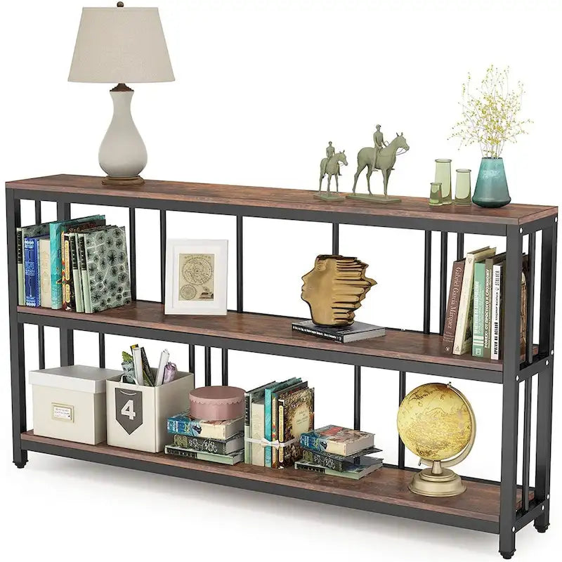 70.9 Inch Console Table, 3-Tier Sofa Table with Shelves, Brown