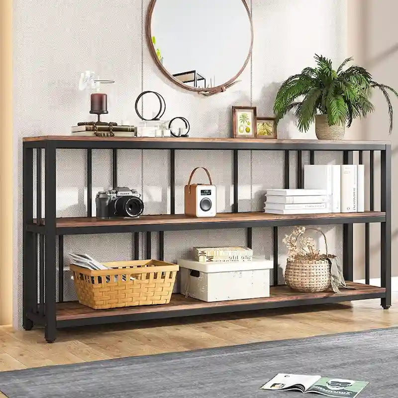 70.9 Inch Console Table, 3-Tier Sofa Table with Shelves, Brown