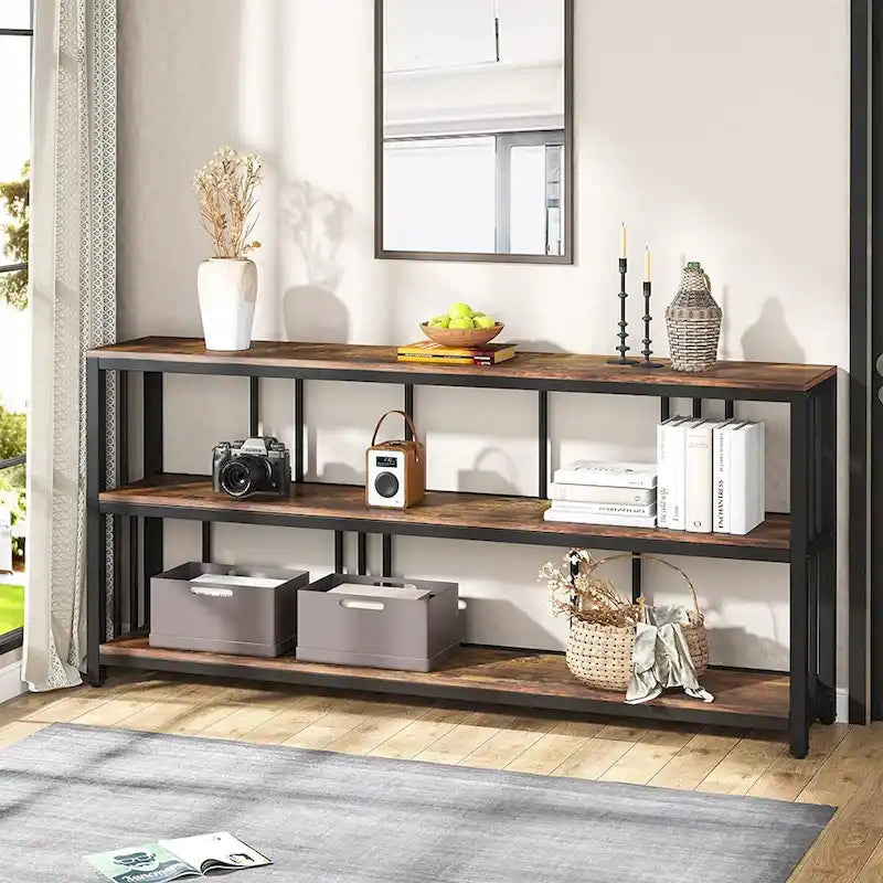 70.9 Inch Console Table, 3-Tier Sofa Table with Shelves, Brown