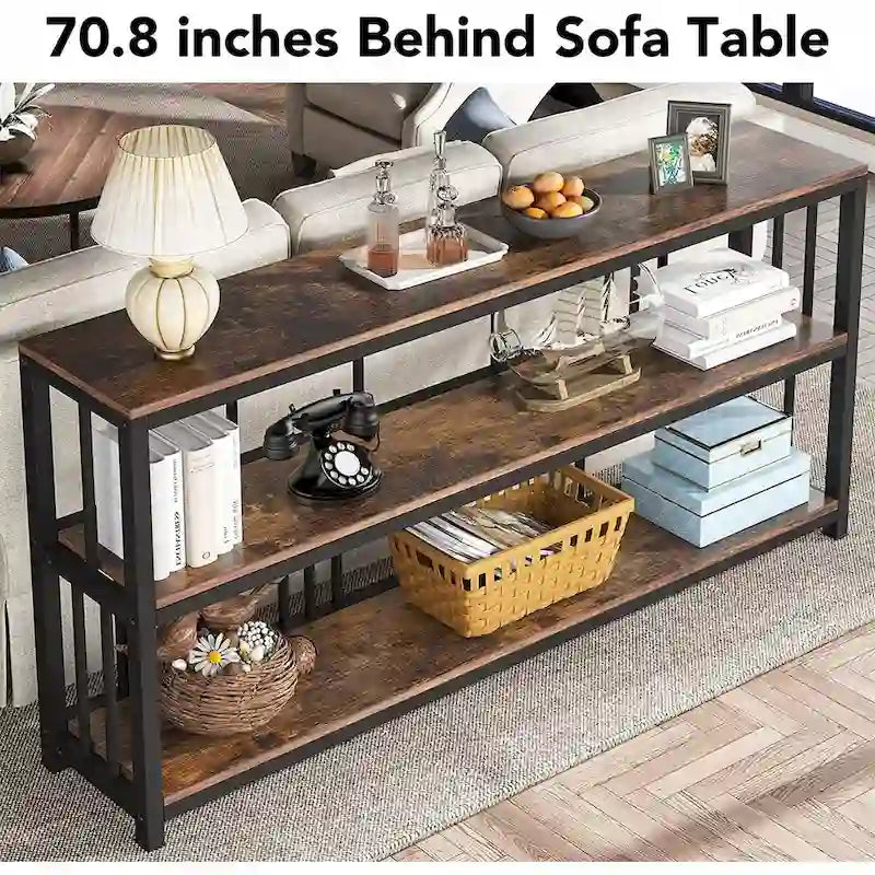 70.9 Inch Console Table, 3-Tier Sofa Table with Shelves, Brown