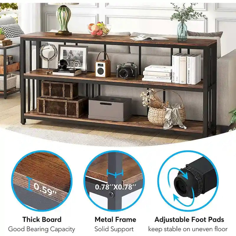 70.9 Inch Console Table, 3-Tier Sofa Table with Shelves, Brown