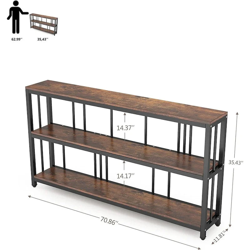 70.9 Inch Console Table, 3-Tier Sofa Table with Shelves, Brown