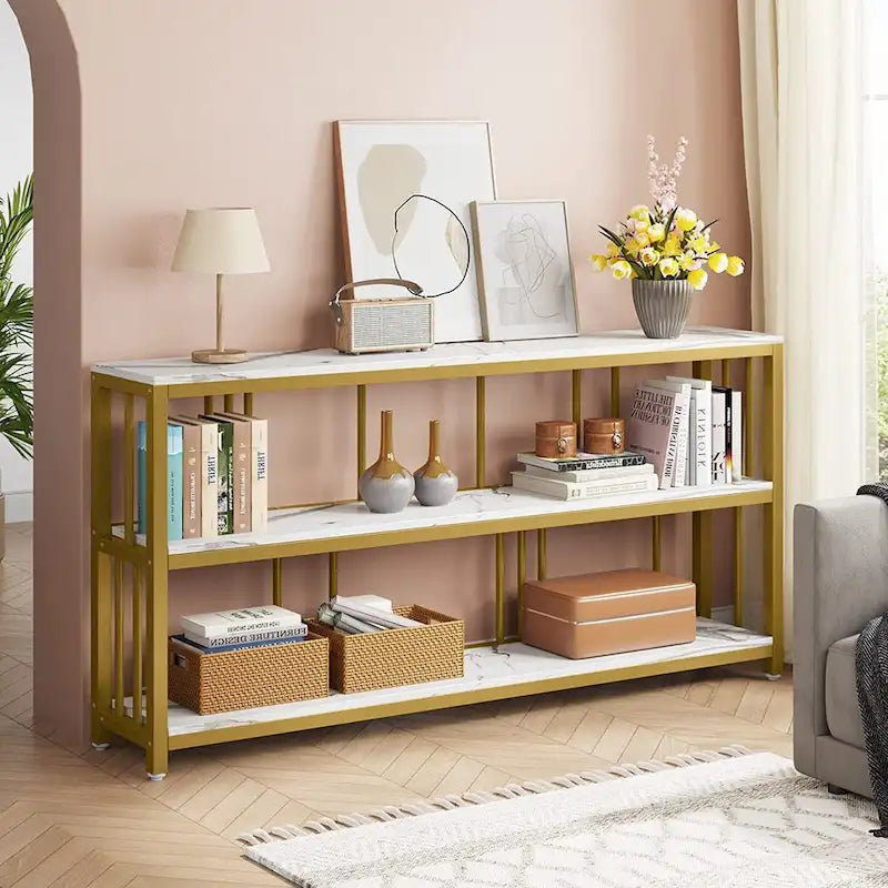 70.9 Inch Console Table, 3-Tier Sofa Table with Shelves, Brown