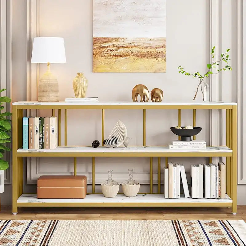 70.9 Inch Console Table, 3-Tier Sofa Table with Shelves, Brown