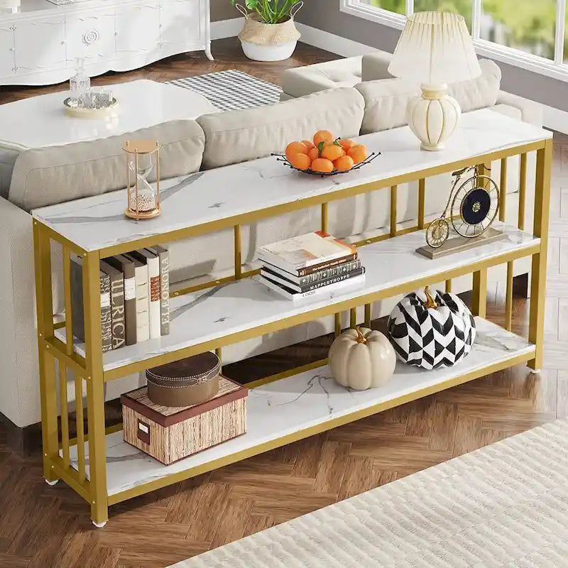 70.9 Inch Console Table, 3-Tier Sofa Table with Shelves, Brown