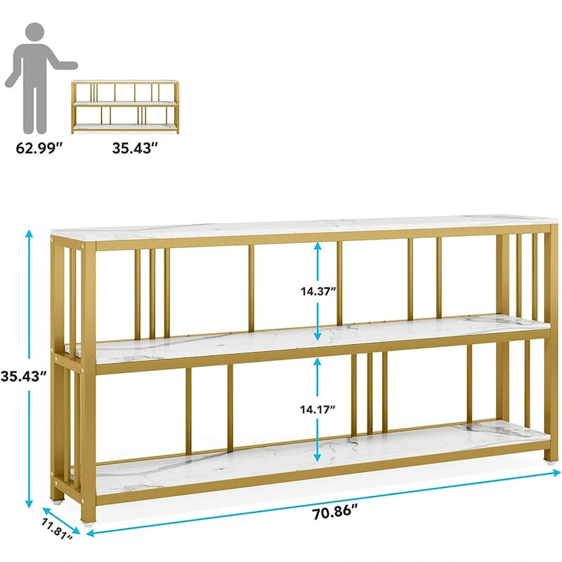 70.9 Inch Console Table, 3-Tier Sofa Table with Shelves, Brown