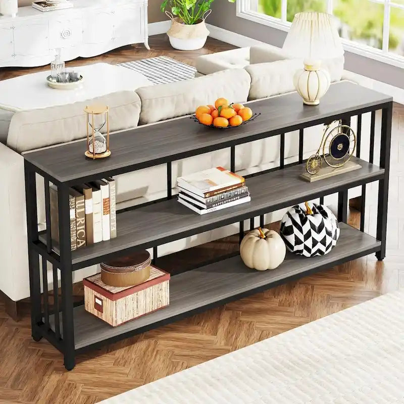 70.9 Inch Console Table, 3-Tier Sofa Table with Shelves, Brown