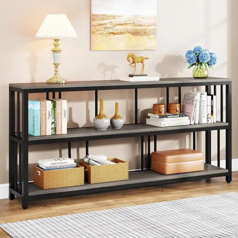 70.9 Inch Console Table, 3-Tier Sofa Table with Shelves, Brown