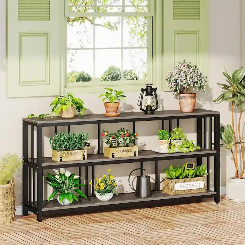 70.9 Inch Console Table, 3-Tier Sofa Table with Shelves, Brown
