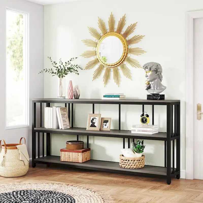 70.9 Inch Console Table, 3-Tier Sofa Table with Shelves, Brown