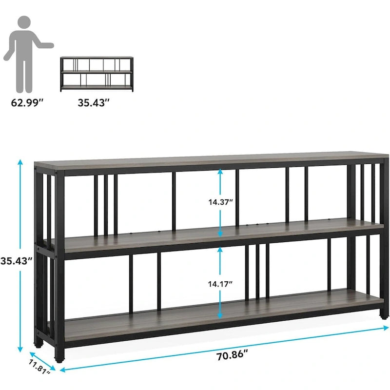 70.9 Inch Console Table, 3-Tier Sofa Table with Shelves, Brown