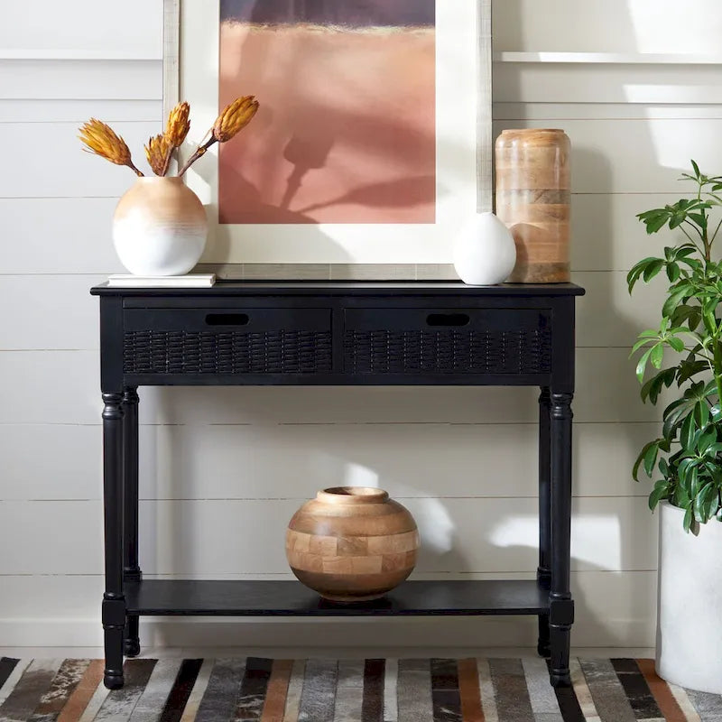 Two-Drawer Console Table with Basket Drawers and Open Shelf