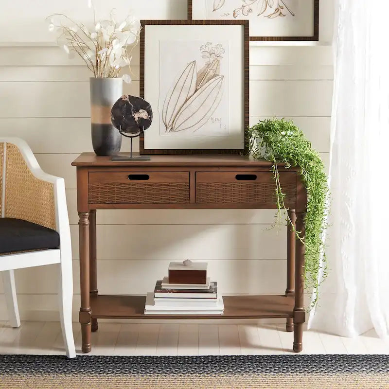 Two-Drawer Console Table with Basket Drawers and Open Shelf