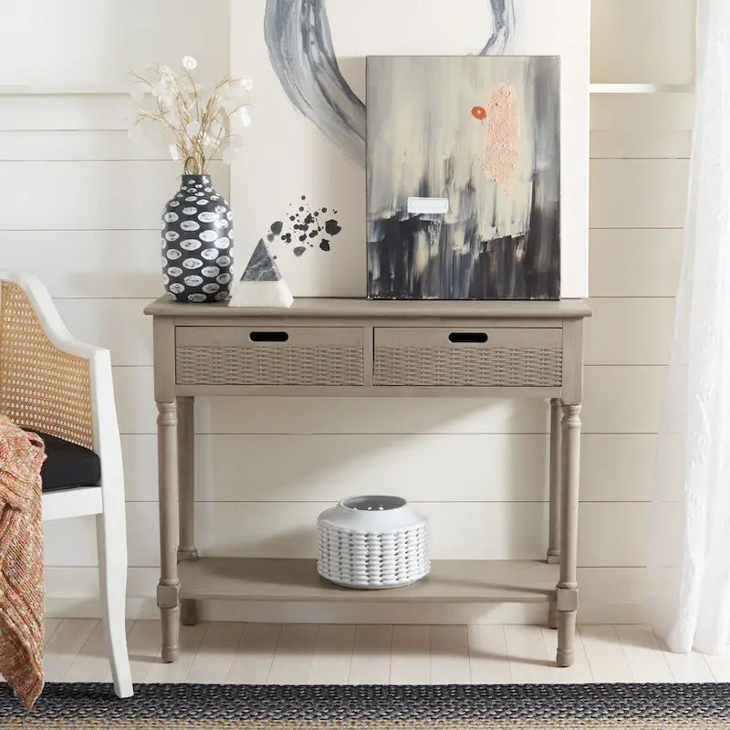 Two-Drawer Console Table with Basket Drawers and Open Shelf