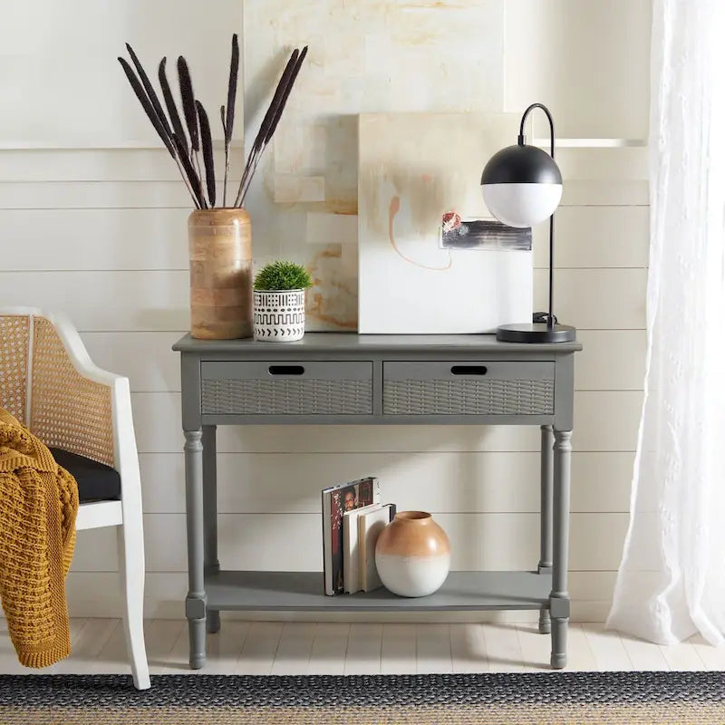 Two-Drawer Console Table with Basket Drawers and Open Shelf