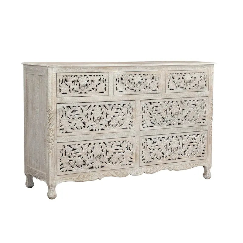 Cassettiera in legno massello di mango con intagli floreali e 7 cassetti