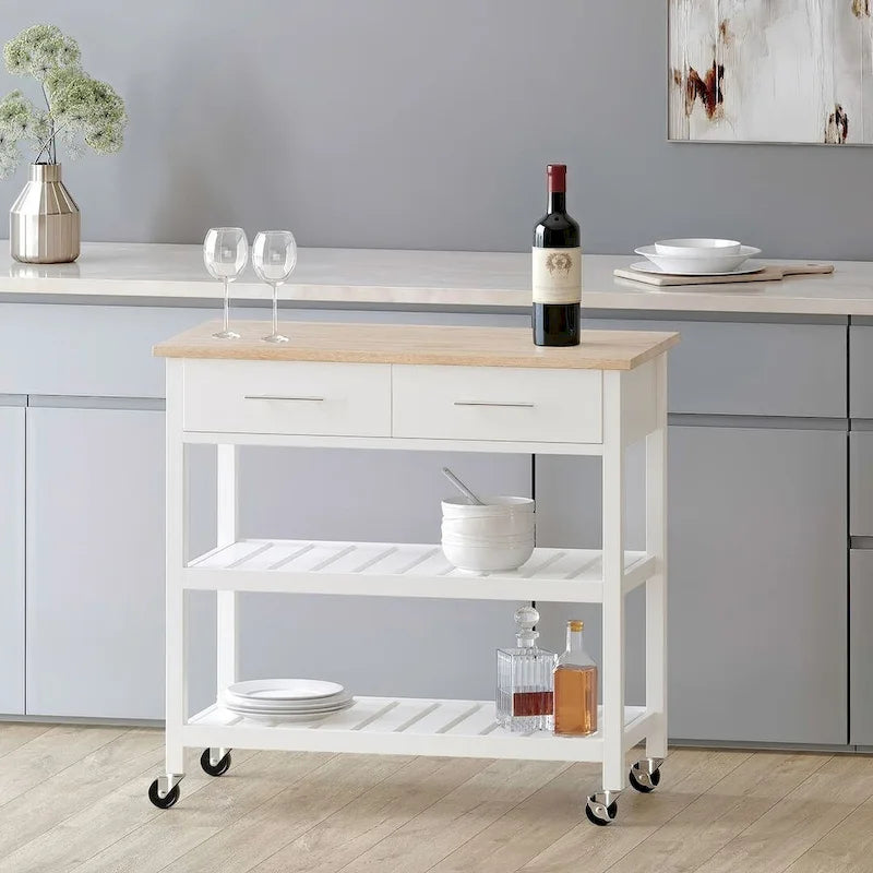 Modern White Wood Kitchen Cart with Wheels Drawers and Shelves by Christopher Knight Home