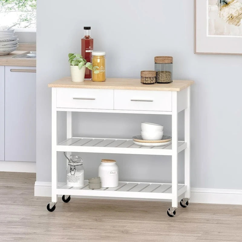 Modern White Wood Kitchen Cart with Wheels Drawers and Shelves