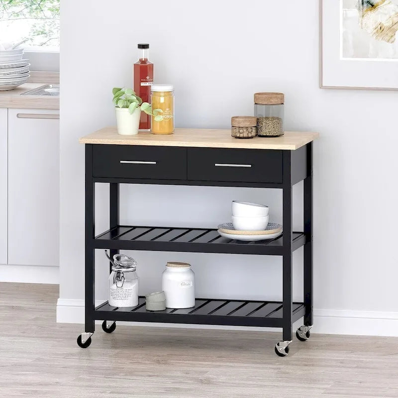 Modern White Wood Kitchen Cart with Wheels Drawers and Shelves