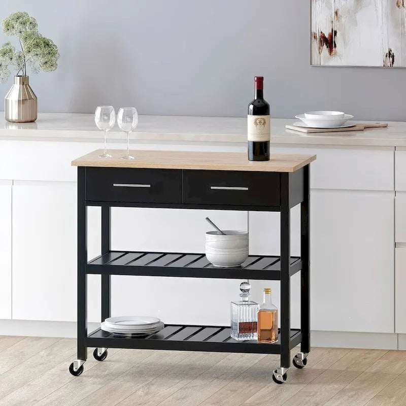Modern White Wood Kitchen Cart with Wheels Drawers and Shelves
