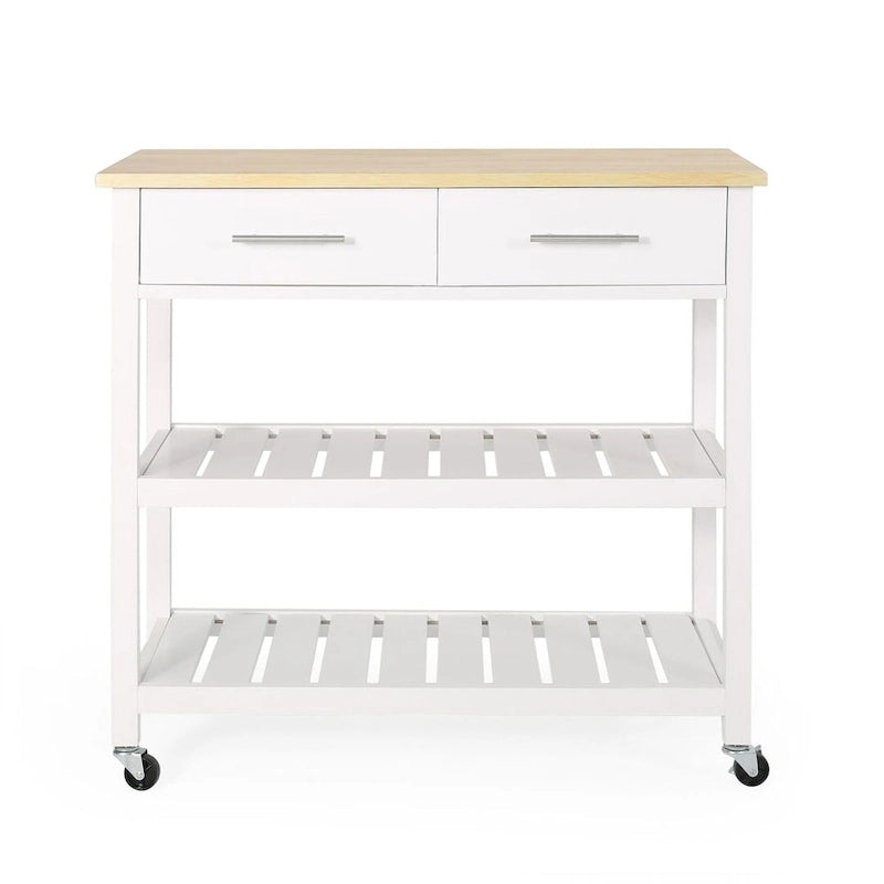 Modern White Wood Kitchen Cart with Wheels Drawers and Shelves