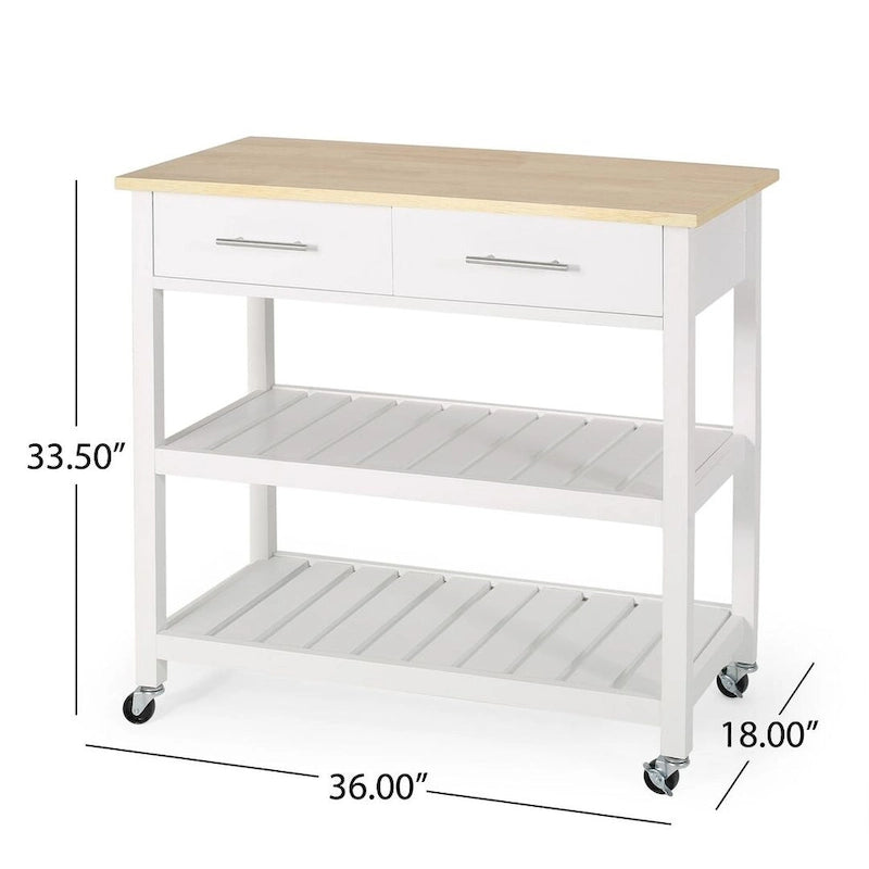 Modern White Wood Kitchen Cart with Wheels Drawers and Shelves