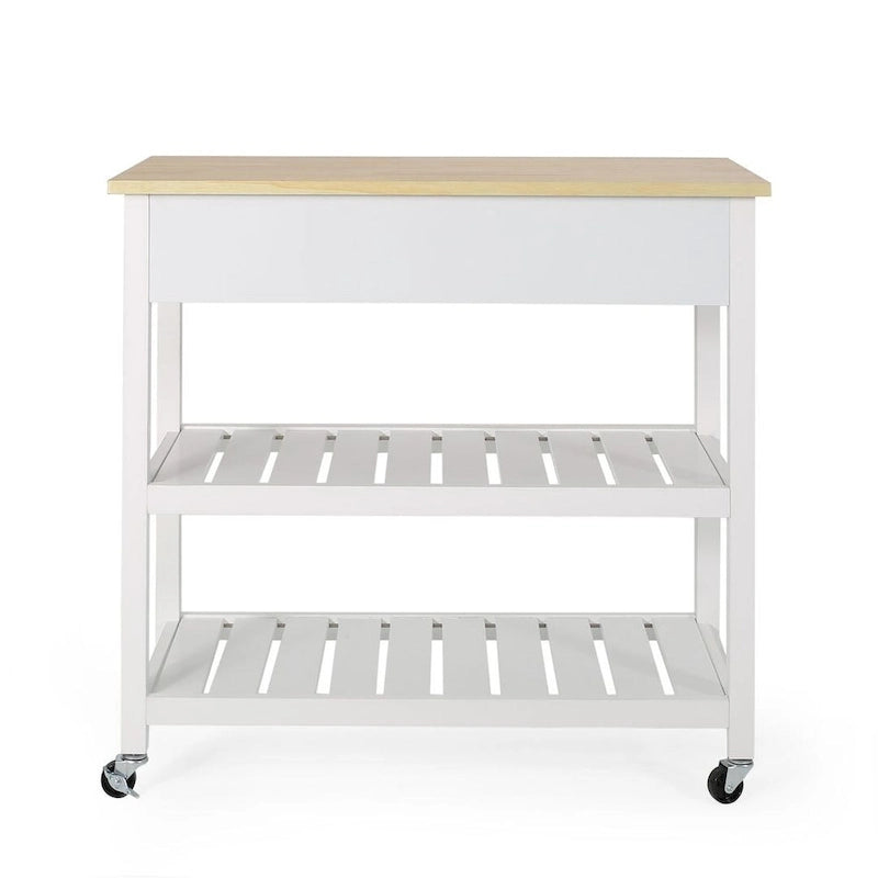 Modern White Wood Kitchen Cart with Wheels Drawers and Shelves