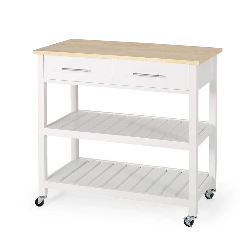 Modern White Wood Kitchen Cart with Wheels Drawers and Shelves