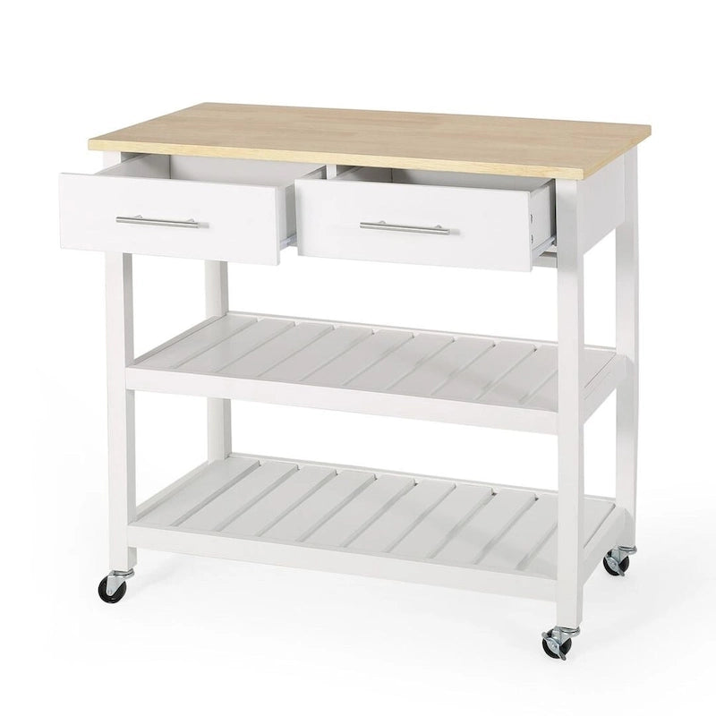 Modern White Wood Kitchen Cart with Wheels Drawers and Shelves