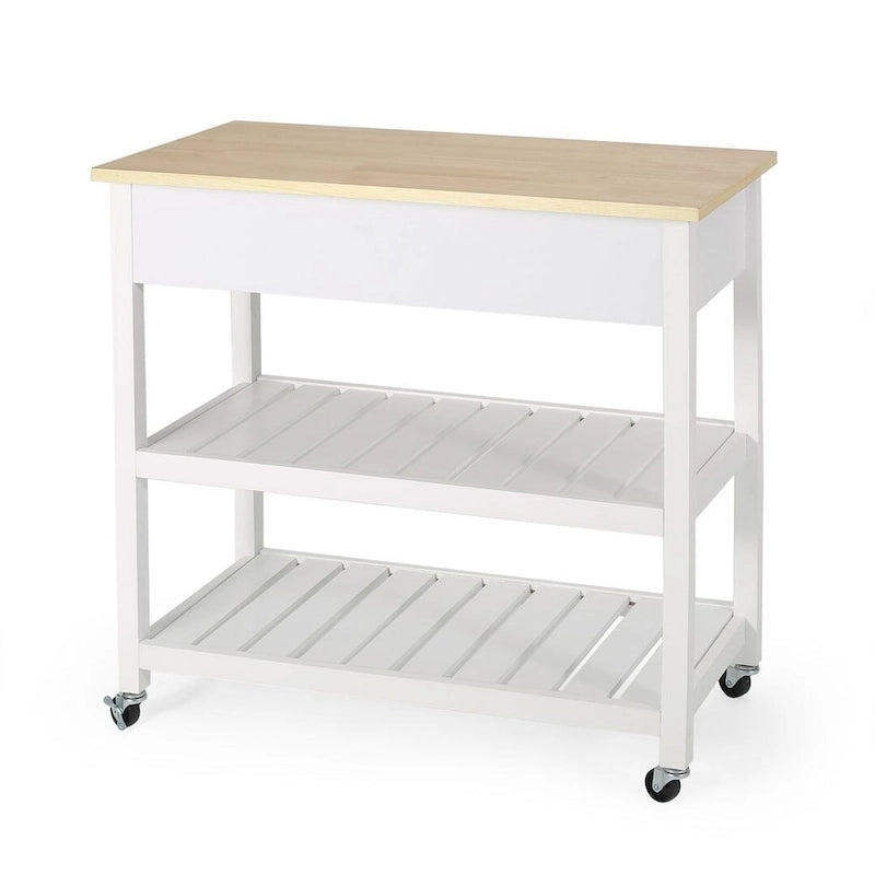 Modern White Wood Kitchen Cart with Wheels Drawers and Shelves