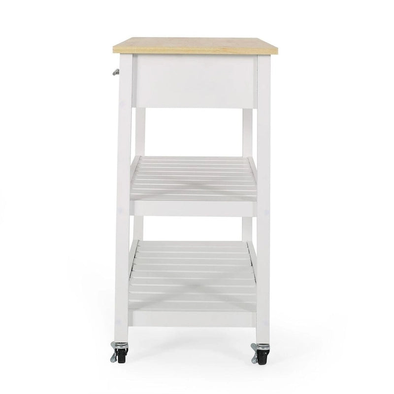 Modern White Wood Kitchen Cart with Wheels Drawers and Shelves