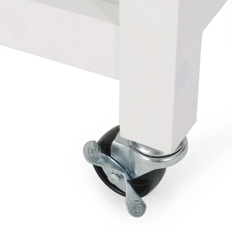 Modern White Wood Kitchen Cart with Wheels Drawers and Shelves