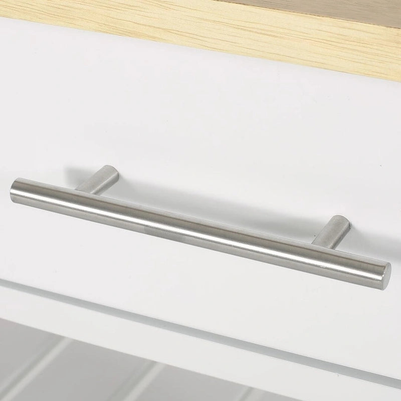 Modern White Wood Kitchen Cart with Wheels Drawers and Shelves