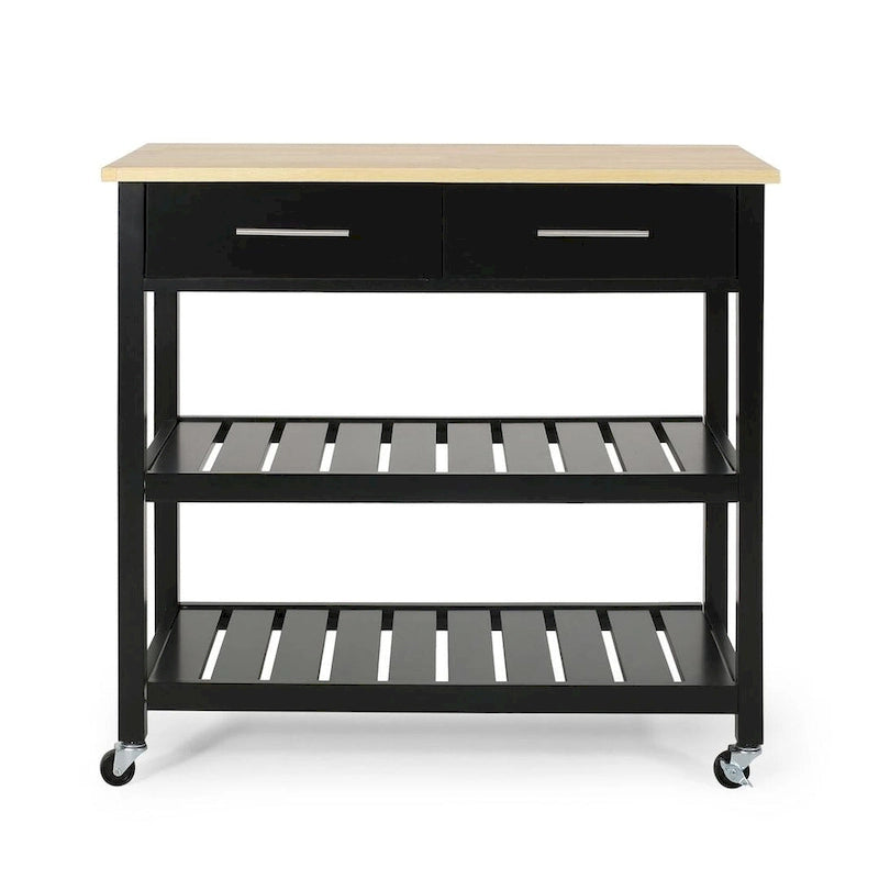 Modern White Wood Kitchen Cart with Wheels Drawers and Shelves