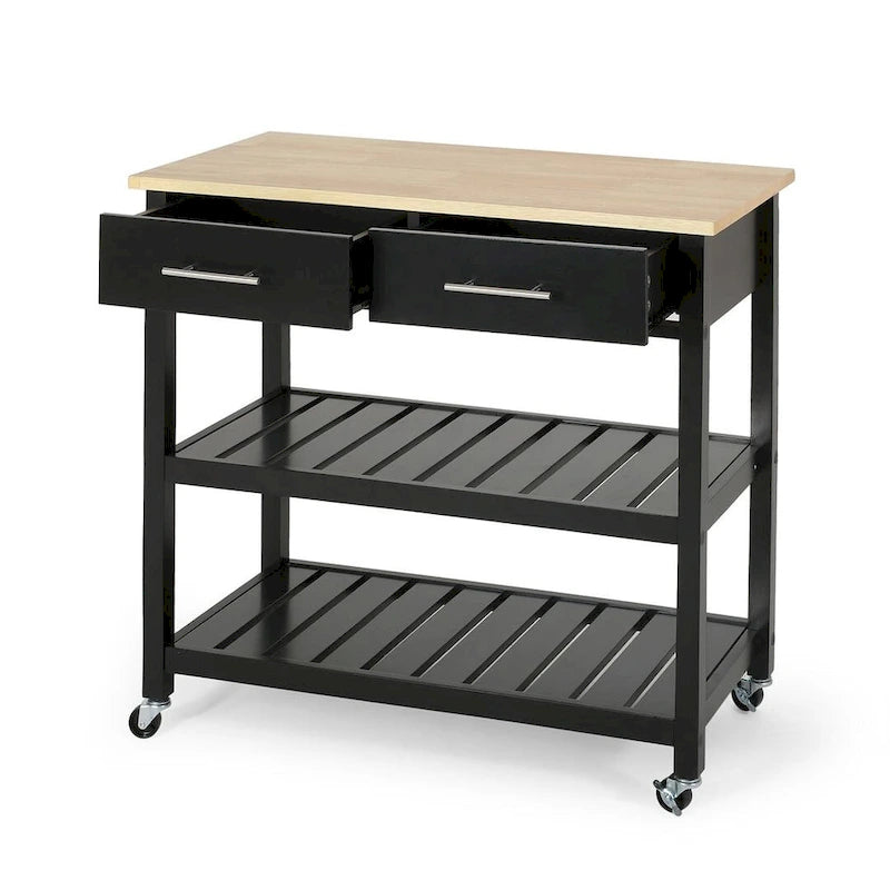 Modern White Wood Kitchen Cart with Wheels Drawers and Shelves