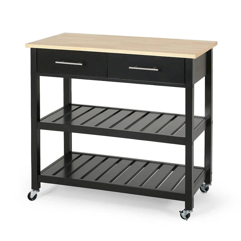 Modern White Wood Kitchen Cart with Wheels Drawers and Shelves