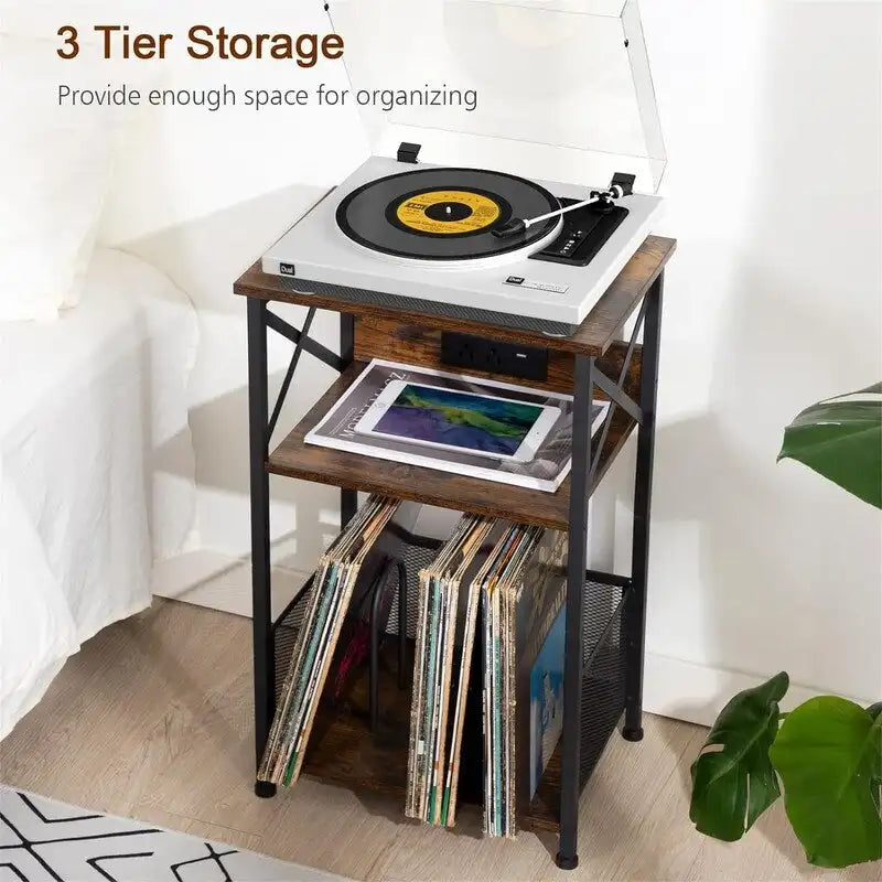 Record Player Stand with Charging Station, 15.75 x 11.41 x 25.59 in