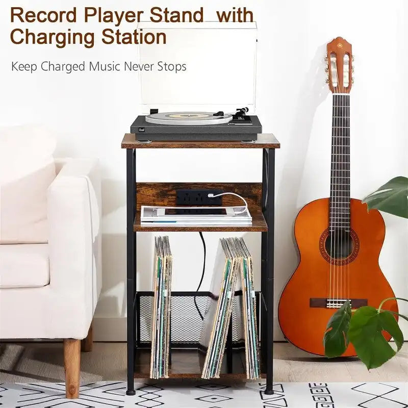 Record Player Stand with Charging Station, 15.75 x 11.41 x 25.59 in