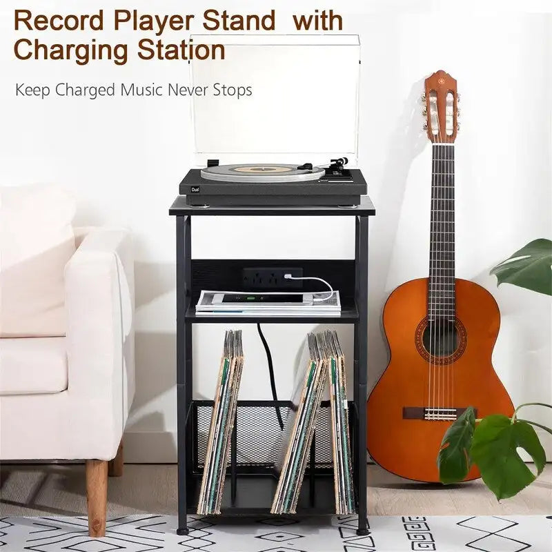 Record Player Stand with Charging Station, 15.75 x 11.41 x 25.59 in