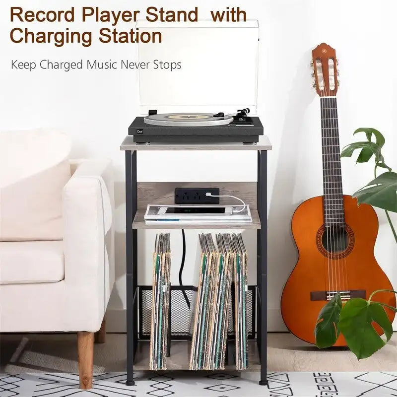 Record Player Stand with Charging Station, 15.75 x 11.41 x 25.59 in
