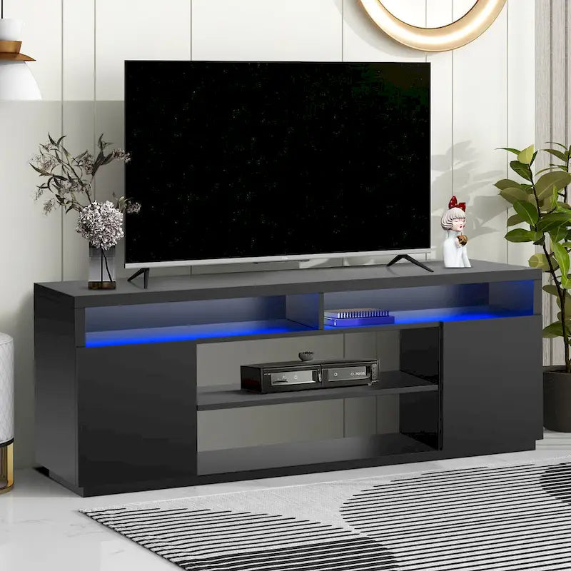 68-Inch Black TV Stand with 6 Open Shelves