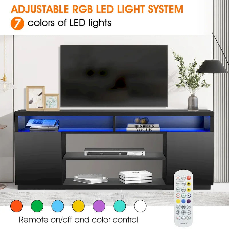 68-Inch Black TV Stand with 6 Open Shelves