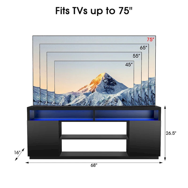 68-Inch Black TV Stand with 6 Open Shelves