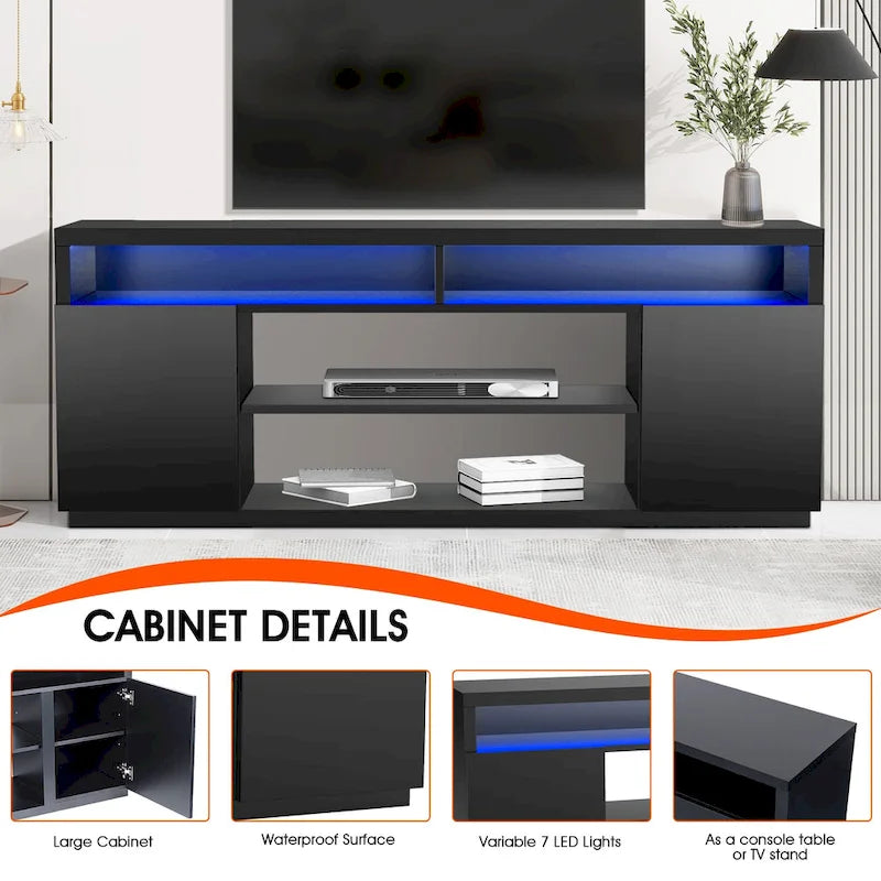 68-Inch Black TV Stand with 6 Open Shelves