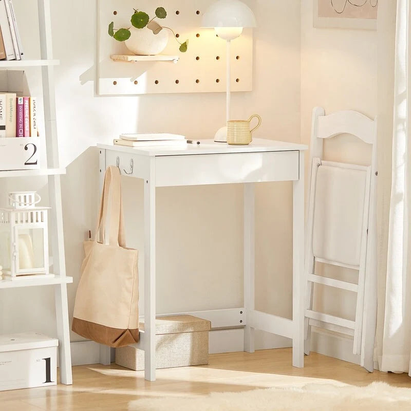 White Computer Desk with Drawer and Hooks, Compact Writing Desk for Children and Teenagers