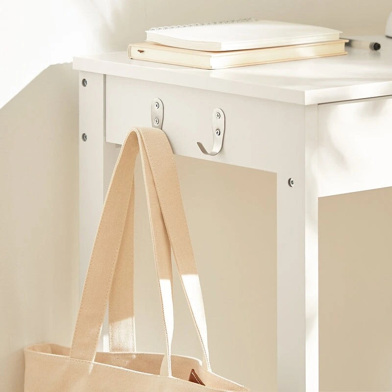 White Computer Desk with Drawer and Hooks, Compact Writing Desk for Children and Teenagers