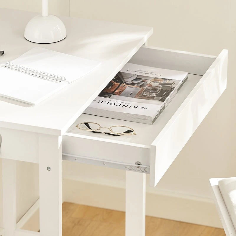 White Computer Desk with Drawer and Hooks, Compact Writing Desk for Children and Teenagers